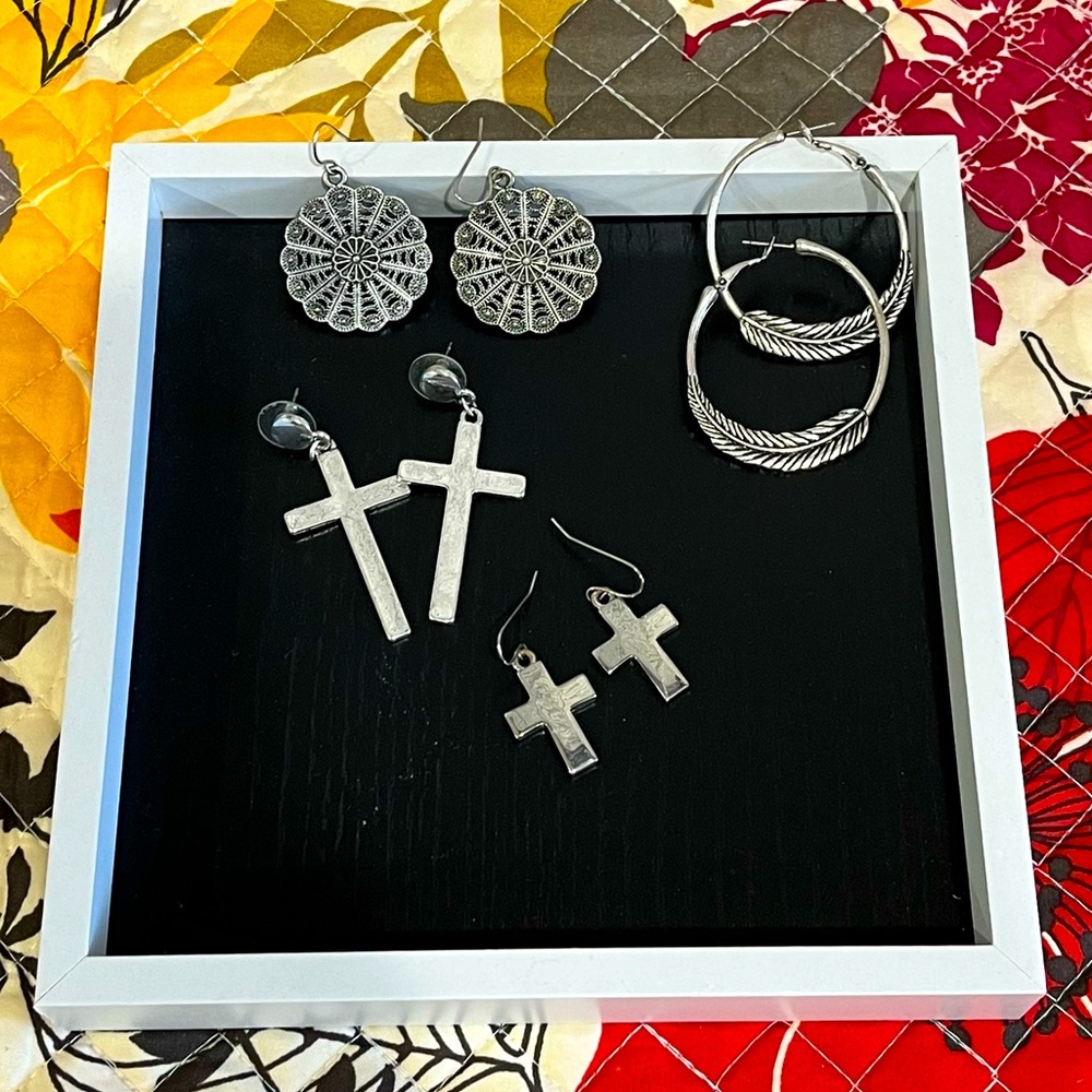 Set of 4 Gently Used Silver Costume Jewelry Dangly Earrings